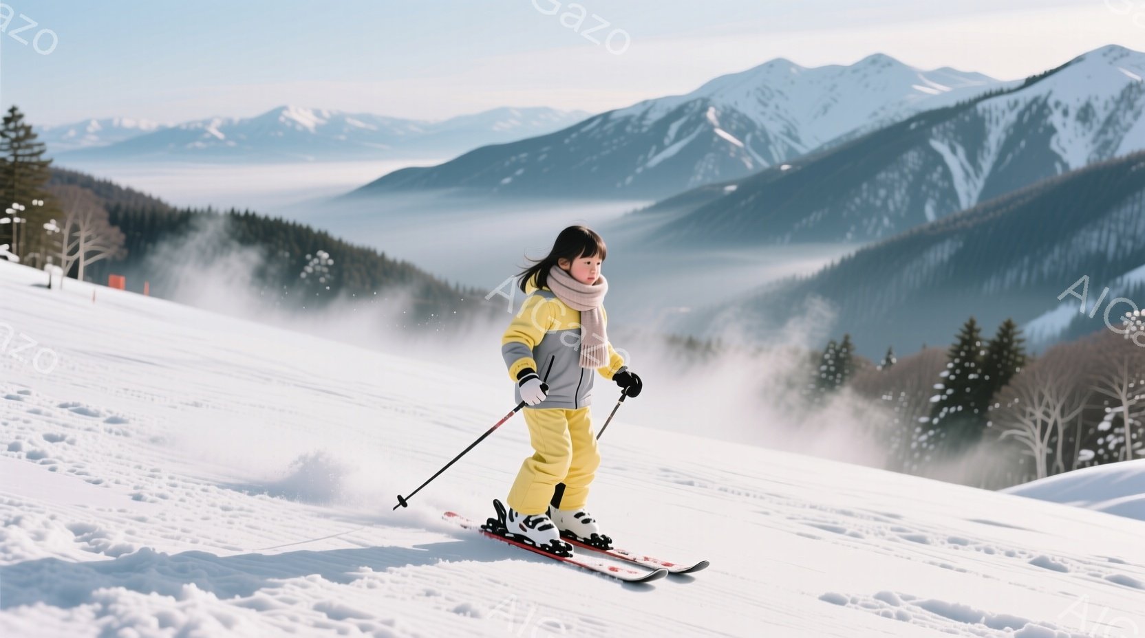 雪山をスキーで滑る少女が写っている。黄色いスキーウェアに白いマフラーを巻き、頭にはニット帽をかぶり、黒髪を少し覗かせている。背景には雪を抱いた山々が広がり、霧がかかった美しい風景が広がっている。 - AI生成フリー素材