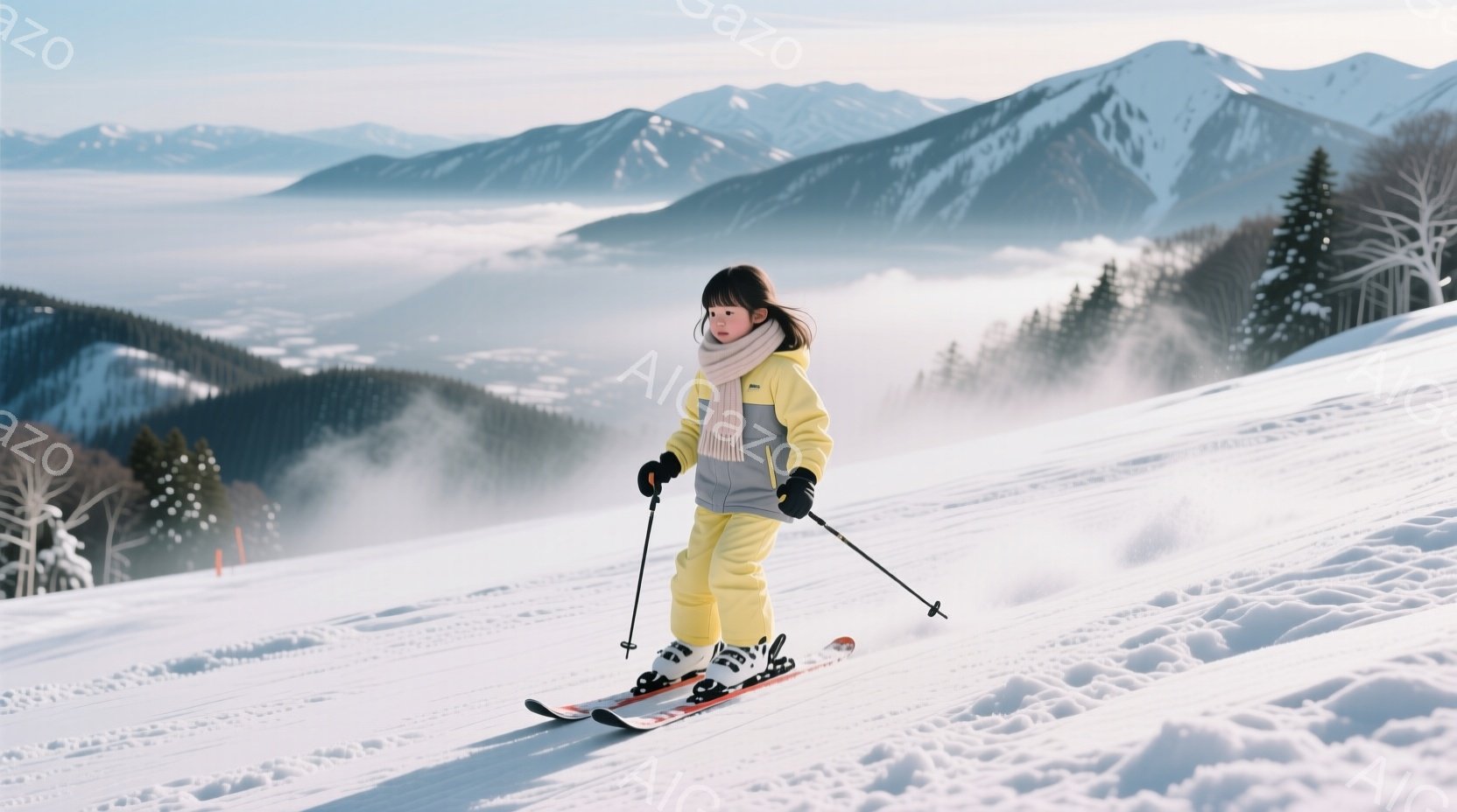 雪山をスキーで滑る少女が写っている。黄色いスキーウェアに白いマフラーを巻き、黒髪をハーフアップにしており、少し緊張した表情で前方を向いている。背景には雪をまとった山々が広がり、霧が立ち込めて幻想的な雰 - AI生成フリー素材