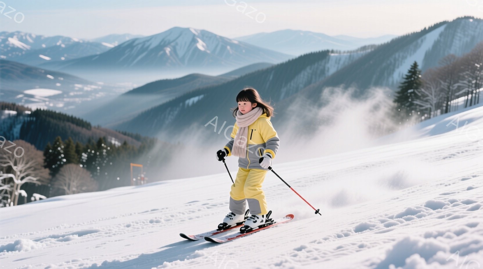 雪山をスキーで滑走する少女が写っています。黄色いスキーウェアに、白いマフラーを巻き、黒髪を後ろで一つに結んでいます。背景には雪に覆われた山々が広がり、穏やかで冬らしい雰囲気が漂っています。 - AI生成フリー素材