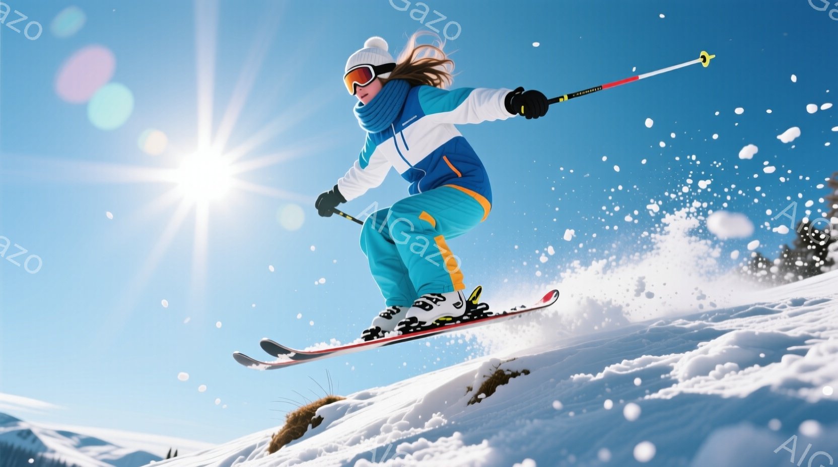 スキーヤーは青と白のスキーウェアと黒のゴーグルを着用し、空中でのジャンプを決めています。彼女は明るい茶色の髪を後ろでポニーテールにしており、集中した表情で滑走しています。背景には白い雪山が広がり、晴天の下、太陽が輝き、活気に満ちた冬の雰囲気を醸し出しています。