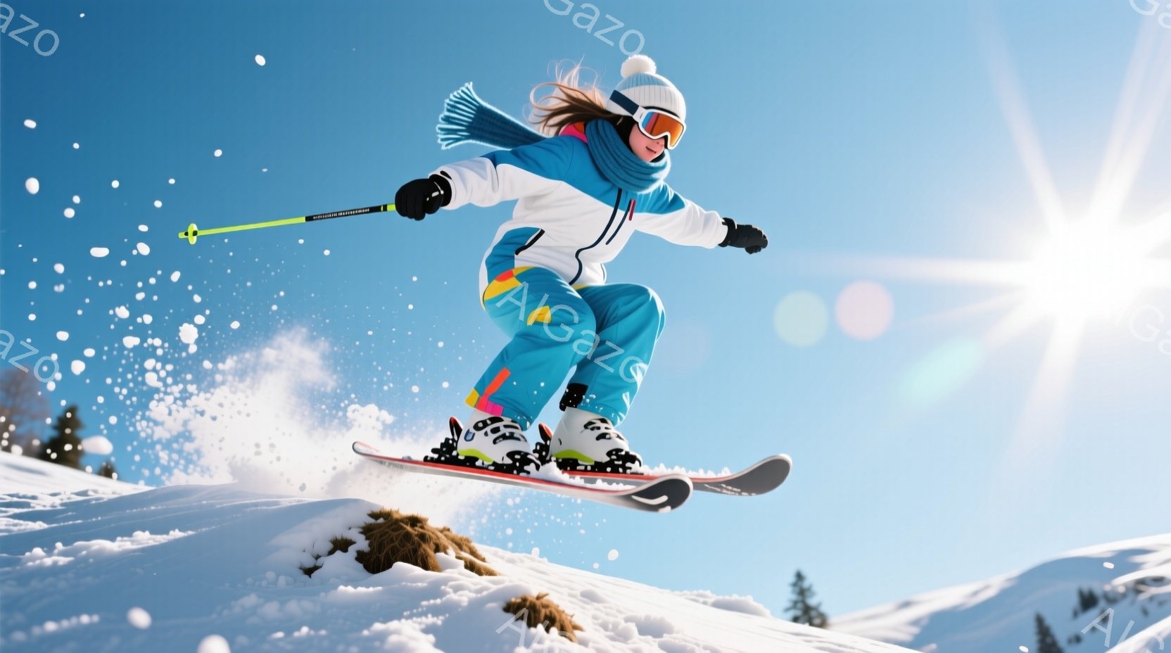 スキーヤーは、鮮やかな青色のスキースーツと白のジャケットを着用し、雪の上でジャンプしています。彼女は長い茶色の髪を後ろでまとめており、ゴーグル越しには集中した表情が見えます。背景には雪に覆われた山々と晴れた青空が広がり、ダイナミックでエネルギッシュな雰囲気を醸し出しています。