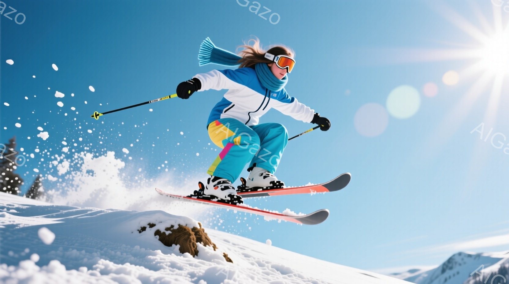 スキーヤーが雪上を飛び跳ねている様子が捉えられています。彼女は白とターコイズブルーのスキーウェア、ピンクのアクセントが入ったデザインで、頭には黒いヘアバンドをつけ、ゴーグルをかけています。晴れた青空の下、雪煙を巻き上げながらダイナミックなアクションを見せており、背景には雪山と白い雪景色が広がっています。