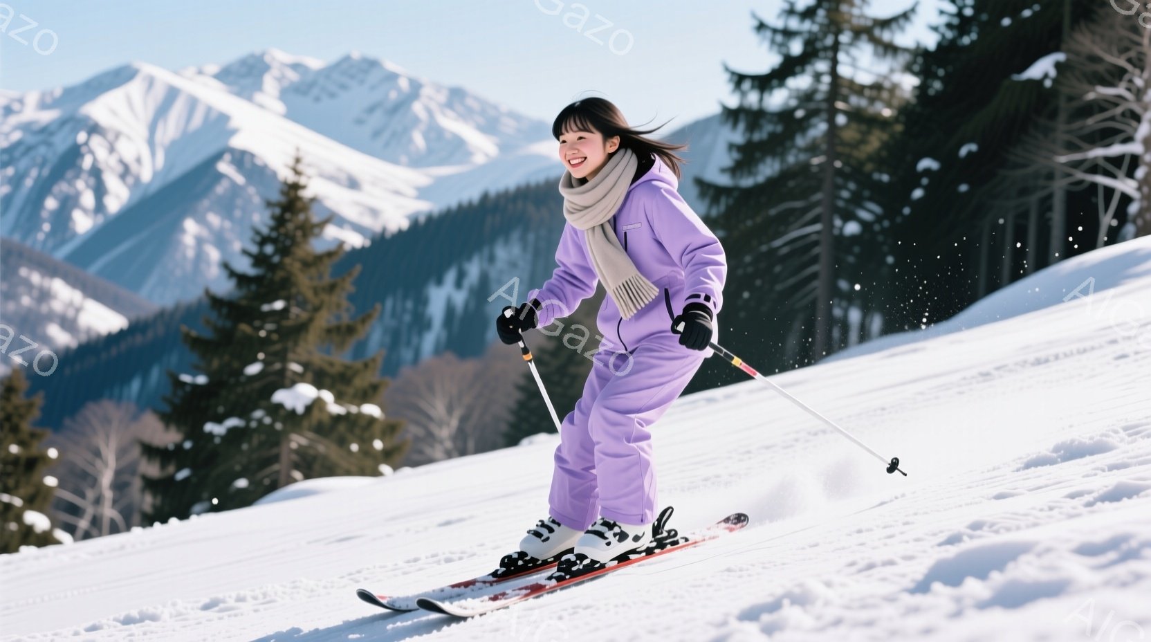 スキー場で滑走する女性が写っています。薄紫色のスキーウェアに白いマフラーを巻き、黒い手袋とゴーグルを着用し、笑顔で滑っています。背景には雪を頂いた山々と針葉樹林が広がり、晴天で快晴のスキー日和であることがわかります。