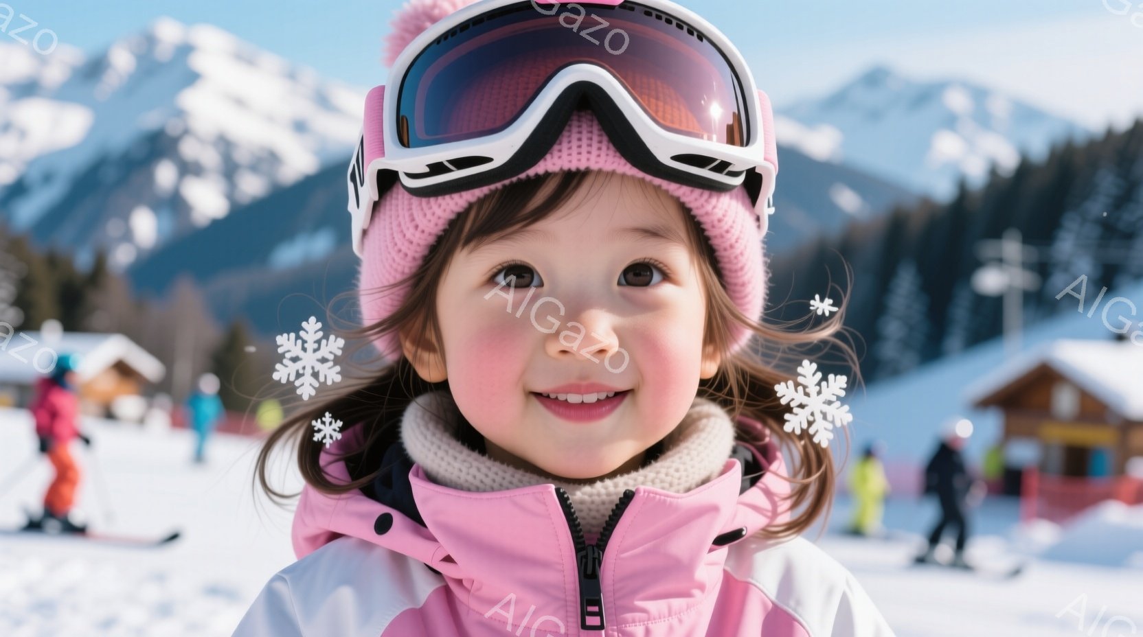 ピンクのスキーウェアと帽子を着用した幼い女の子が、白い背景に映し出されている。彼女は大きな笑顔を見せ、大きな瞳がカメラを見つめている。背景には雪景色が広がり、遠くに木々や建物が見える、冬の暖かい雰囲気 - AI生成フリー素材