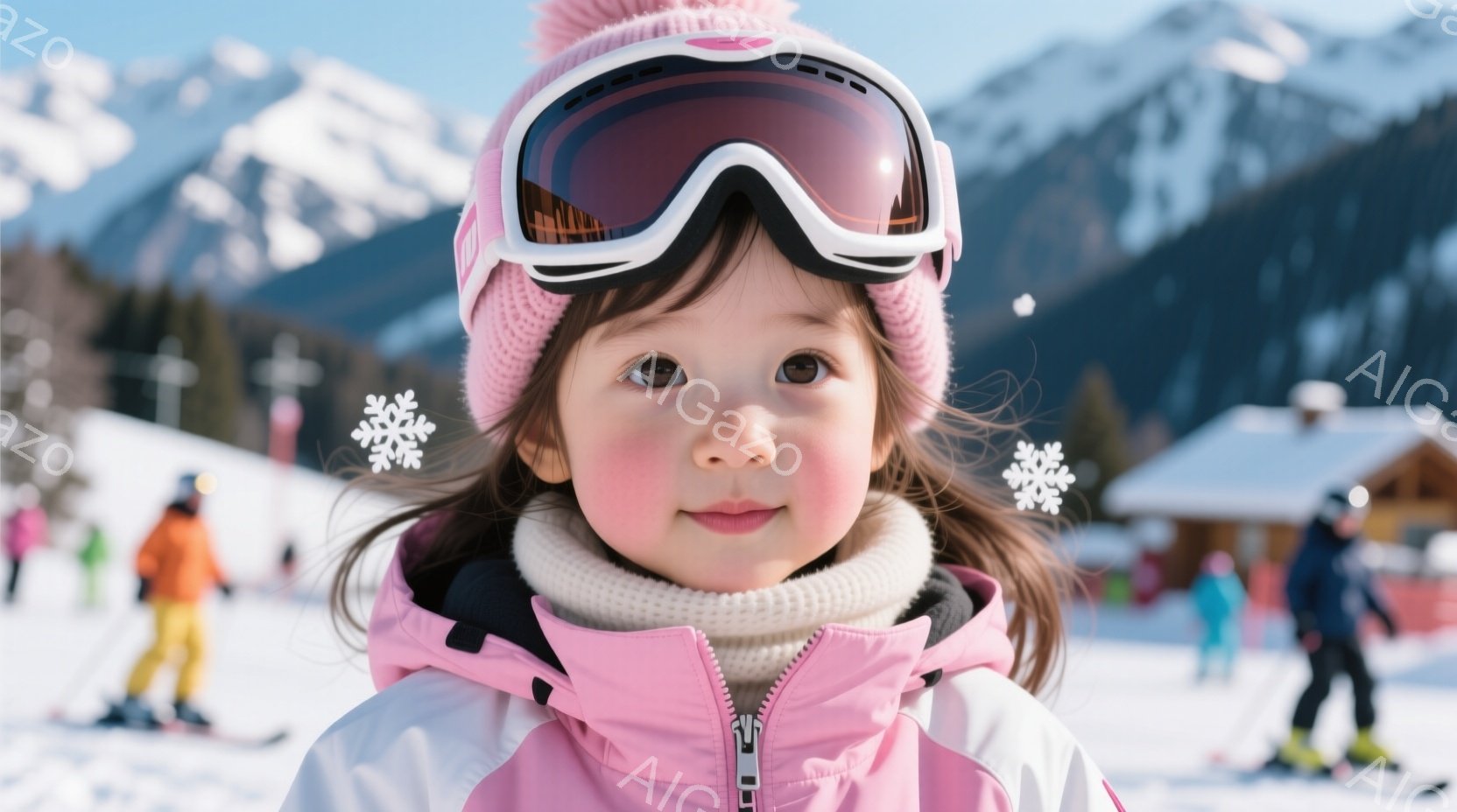 雪山を背景に、ピンクの帽子とゴーグルをつけた幼い女の子がこちらを見つめています。彼女は白いニットの襟とピンクのジャケットを着ており、頬は寒さで赤くなっています。背景には雪に覆われた山々と、木造の建物が - AI生成フリー素材