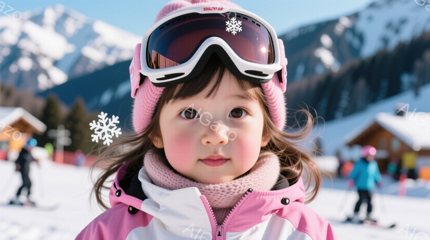 ピンクのスキーウェアと帽子を着用した幼い女の子が、大きなスキーゴーグルをかけて正面を見つめています。彼女は少し頬を赤らめ、真剣な表情を浮かべており、背景には雪景色とスキーリゾートの建物が見えます。晴れた冬の日、雪山でのスキーを楽しんでいる様子が伝わってきます。