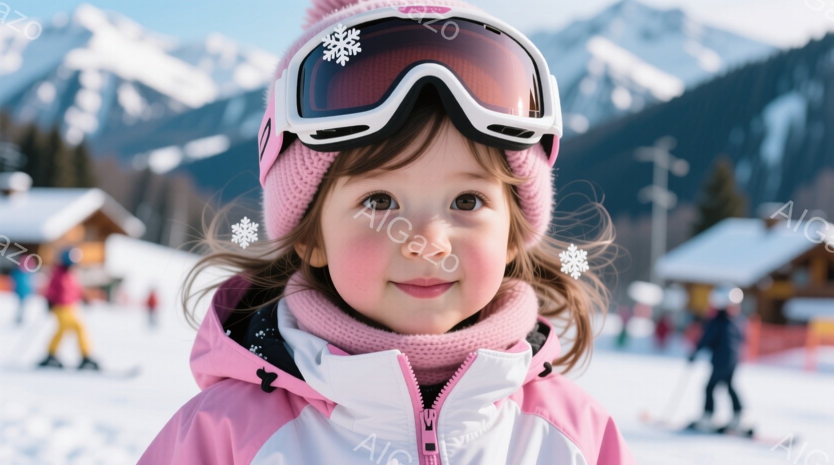 この少女はピンクと白のスキーウェア、それにマッチするニット帽を着用し、大きなゴーグルをかけて微笑んでいます。雪景色を背景に、彼女はカメラの方を見ており、暖かく、陽気な雰囲気が漂っています。背景には、スキーリゾートの建物と雪に覆われた山々がはっきりと見えます。