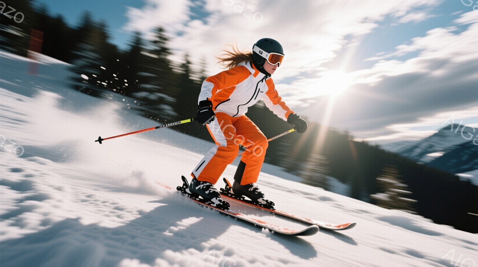 オレンジ色のスキーウェアに身を包んだ女性が、雪の上を滑走している様子が写っている。彼女は黒いヘルメットとゴーグルを着用し、髪は後ろで三つ編みにされている。背景には山々が広がり、晴天で雪が輝き、爽やかで - AI生成フリー素材