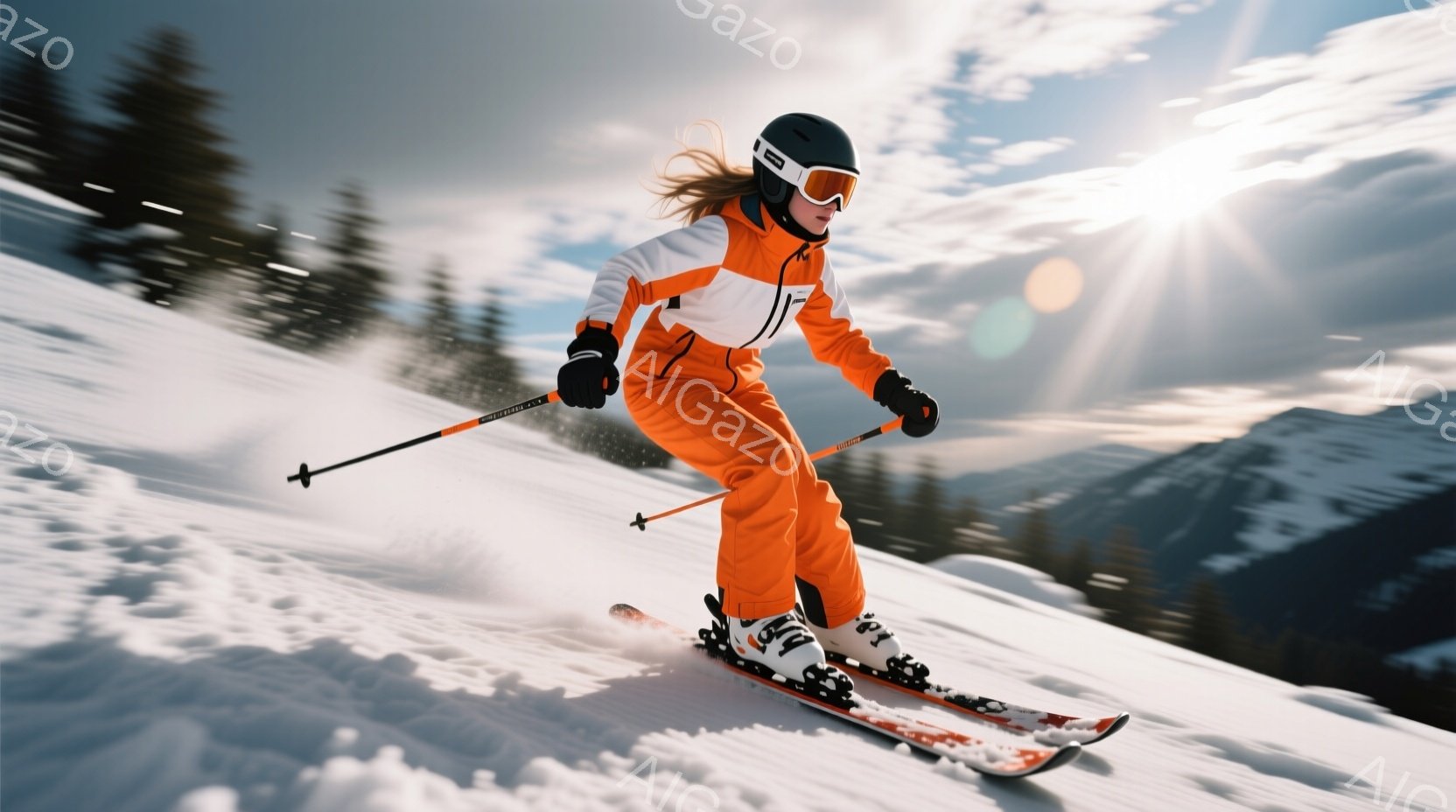 オレンジ色のスキーウェアに身を包んだ女性が、雪山を滑走している。髪は後ろで三つ編みにされ、ヘルメットとゴーグルを着用し、スピード感あふれる滑りをしている。背景には雪をまとった山々が広がり、晴天のもと、 - AI生成フリー素材