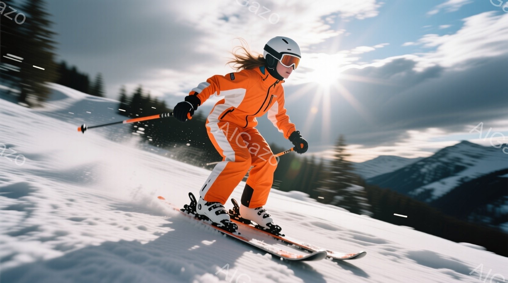 オレンジ色のスキースーツに身を包んだ女性が、雪山を滑降している。彼女はヘルメットとゴーグルを着用し、髪は後ろでまとめてある。背景には雪をまとった山々と、晴天の空が広がり、活気に満ちたウィンタースポーツの雰囲気が漂っている。