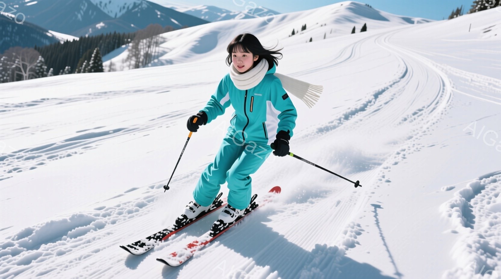 鮮やかなターコイズブルーのスキーウェアに身を包んだ女性が、雪山を滑走している。彼女は黒髪を後ろでまとめ、笑顔で前を見つめている。背景には、雪を頂いた山々が広がり、晴天の下、爽やかな冬の風景が広がってい - AI生成フリー素材