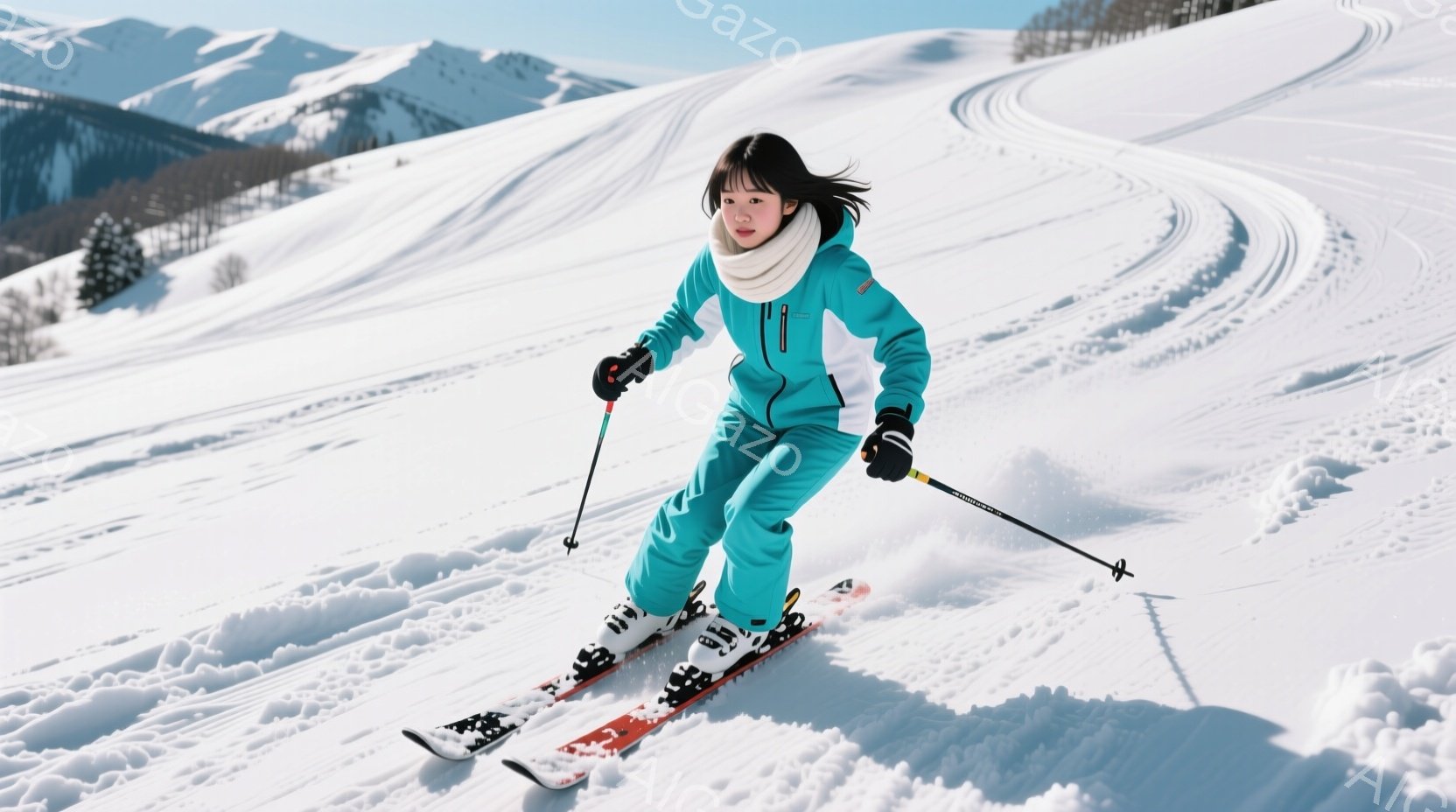 明るい水色のスキーウェアに身を包んだ女性が、雪山を滑走している様子が写っている。彼女は黒髪を後ろで一つにまとめ、白いマフラーを首に巻いている。背景には雪をまとった山々が広がり、晴天の下、爽やかな冬の雰囲気が漂っている。