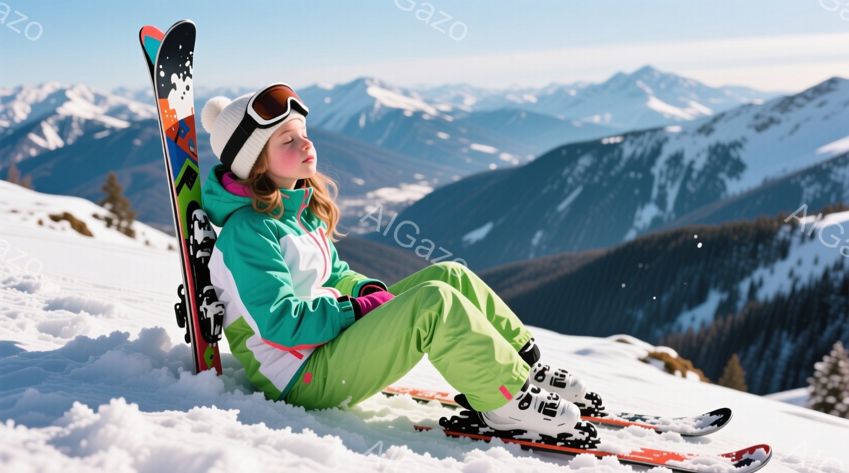 雪山の中で、緑色のスキーウェアを着た少女が雪の上に座っている。彼女は白い帽子とゴーグルを着用し、ピンク色の髪を外に出している。背景には雪を頂いた山々が広がり、晴天の下、静かで穏やかな雰囲気が漂っている。
