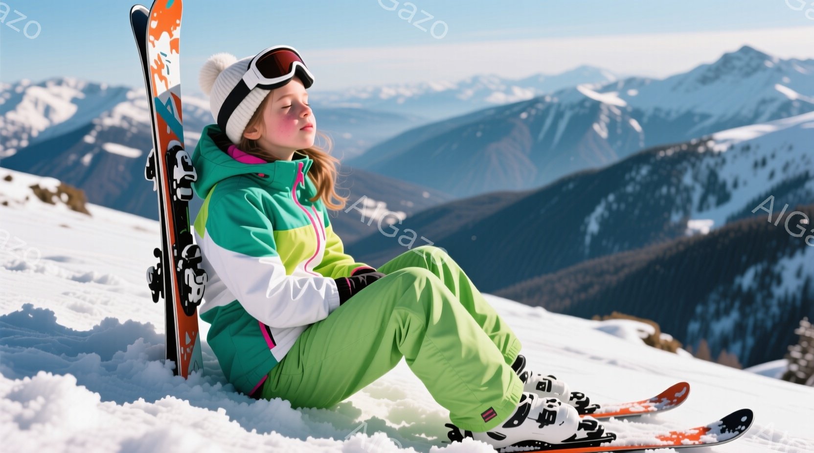 若い女性が雪の上に座っており、緑とピンクのスキーウェア、白い帽子、ゴーグルを着用しています。彼女はリラックスした表情で目を閉じ、片方のスキーを立てかけています。背景には、雪を頂いた山々が広がり、晴天の - AI生成フリー素材