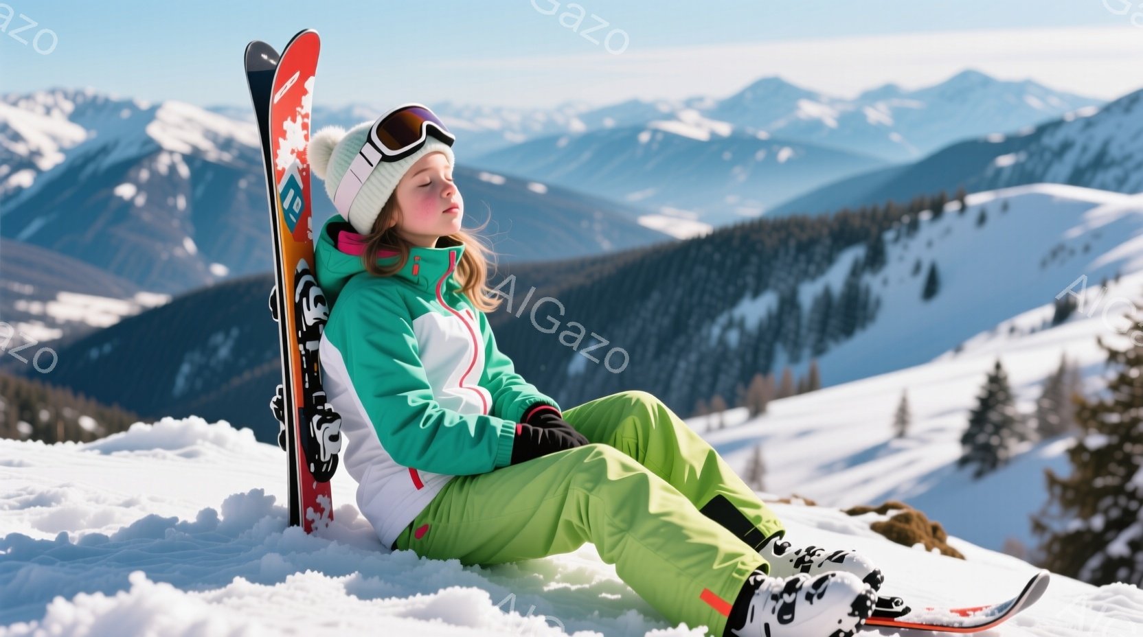雪景色を背景に、緑色のスキーウェアを着た少女が雪の上に座っています。彼女はゴーグルを着用し、目を閉じてリラックスした表情をしています。背景には雪をまとった山々が連なり、晴天の下、冬の穏やかな雰囲気が漂 - AI生成フリー素材