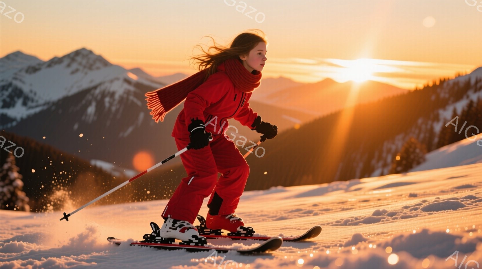 赤いスキーウェアを着た少女が、雪山でスキーを楽しんでいる様子が写っている。彼女は長い茶色の髪をなびかせ、前かがみの姿勢でスキー板を巧みに操り、スピードに乗っている。背景には雪をまとった山々が連なり、夕 - AI生成フリー素材