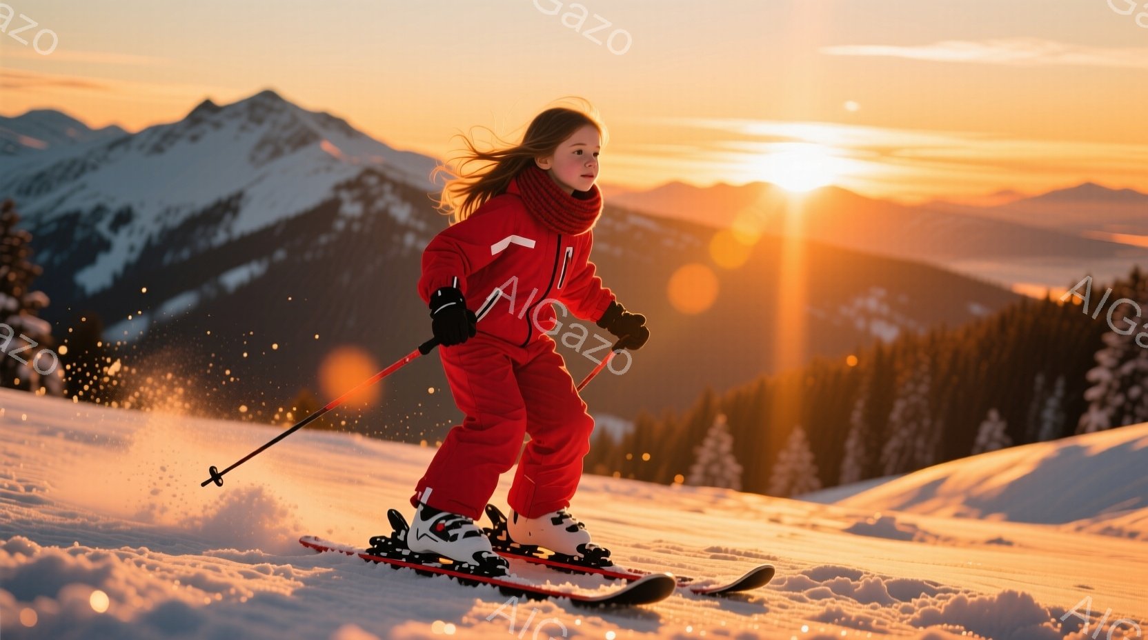 赤いスキースーツに身を包んだ少女が、雪山を滑走している。彼女は髪を後ろで一つにまとめ、前を見据えた表情で、スピードに乗って滑っている。背景には雪をまとった山々が広がり、夕焼けのオレンジ色が空と山肌を照らし、幻想的な雰囲気を醸し出している。