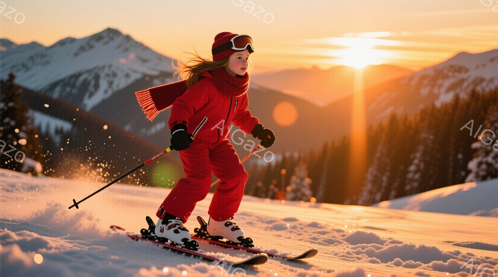 鮮やかな赤いスキーウェアに身を包んだ少女が、雪山を滑走している。彼女は黒いゴーグルと長い茶髪を垂らし、やや前傾姿勢でスキーを楽しんでいるようだ。背景には雪をまとった山々と夕焼け空が広がり、暖かく希望に満ちた雰囲気を醸し出している。