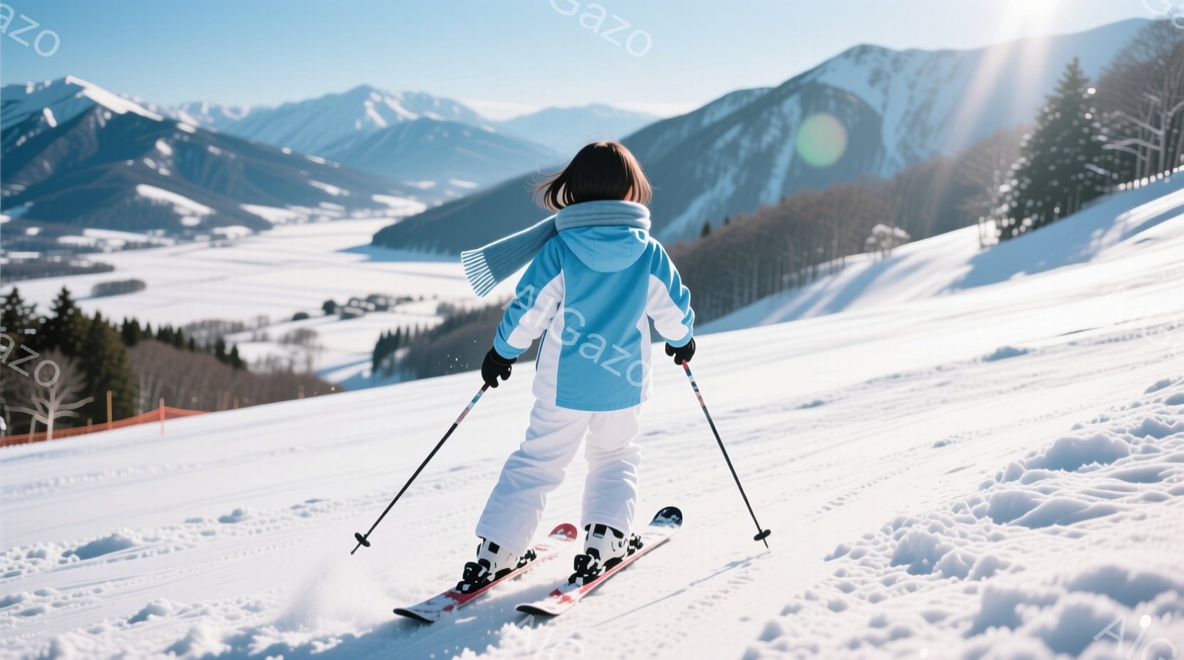 雪山をスキーで滑走する少女の後ろ姿が写っている。彼女は白いスキーウェアに青いジャケット、そして頭に何かを巻いており、スキー板とポールを手にしている。背景には雪に覆われた山々が連なり、晴天の下、光が差し - AI生成フリー素材