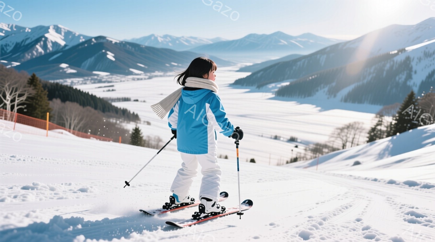 白いスキーウェアに青いジャケットを着た女性が、雪山をスキーで滑っている様子が写っている。彼女は後ろ向きで、長い黒髪を後ろでまとめており、晴天の下、遠くに見える山々と雪景色を背景に、爽やかな冬の雰囲気を - AI生成フリー素材