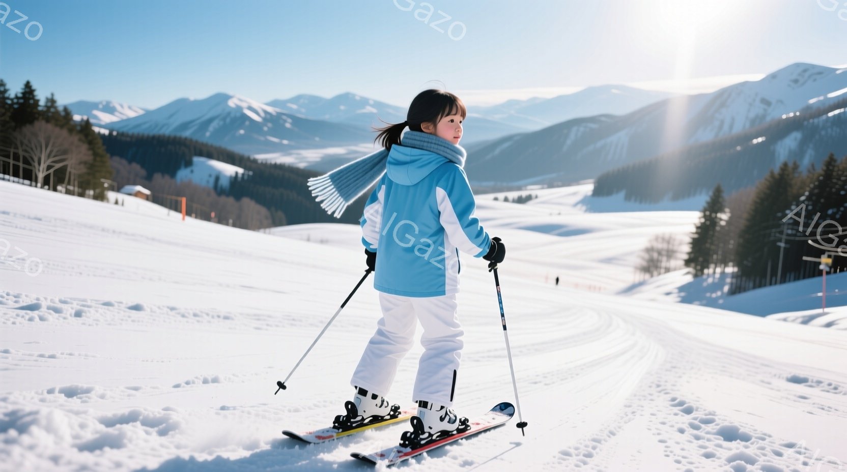 白いスキーウェアに水色のジャケットを羽織った少女が、雪山の中をスキーで滑っています。彼女は黒髪をポニーテールにしており、後ろ姿のため表情は見えませんが、姿勢から活発で楽しんでいる様子が伺えます。背景に - AI生成フリー素材