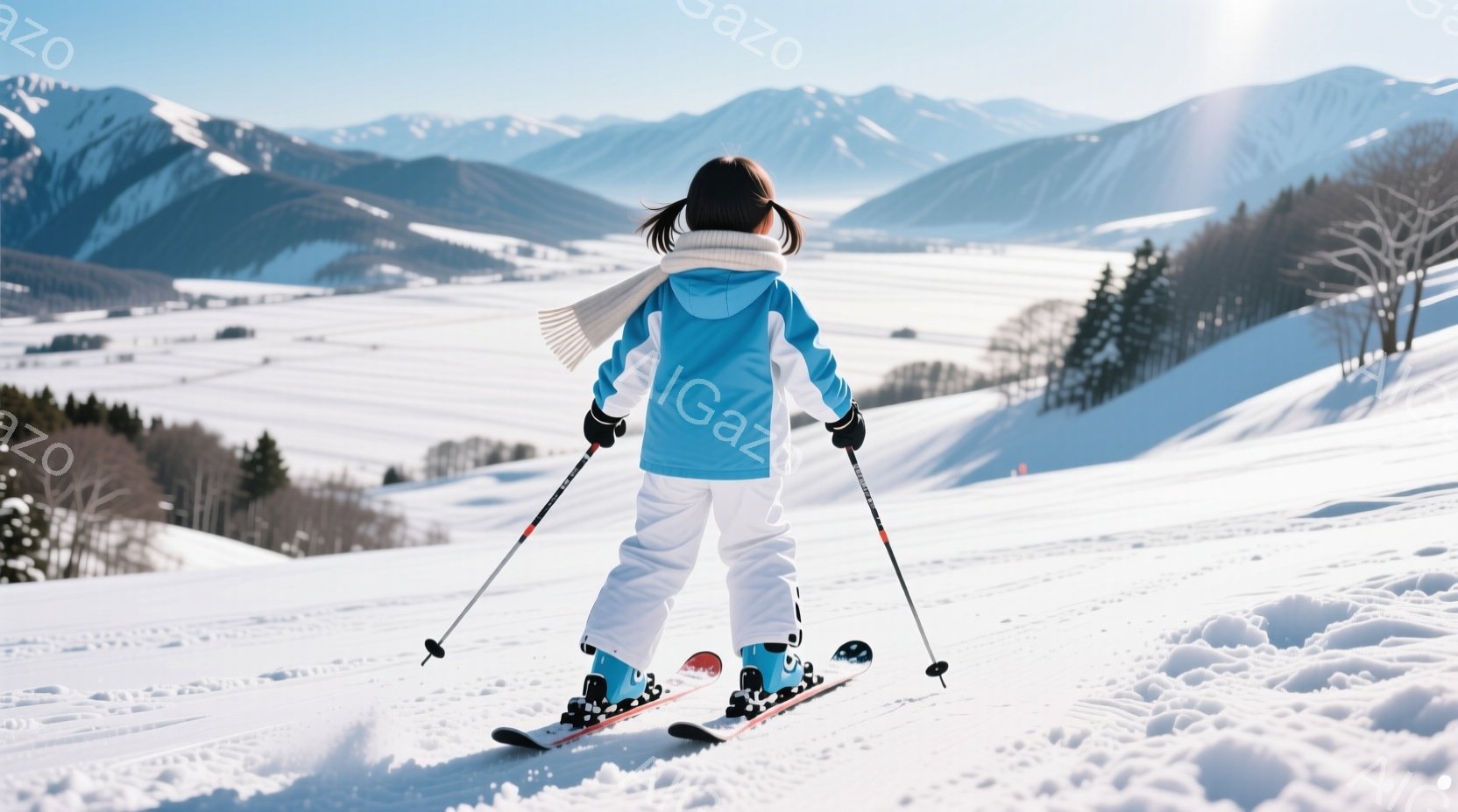 雪山を背景に、スキーウェア姿の少女が写っている。青いジャケットに白いズボンを着用し、黒い髪をポニーテールにして、スキー板を履き、両手にスキーポールを持っている。背景には雪に覆われた山々が広がり、晴天の - AI生成フリー素材