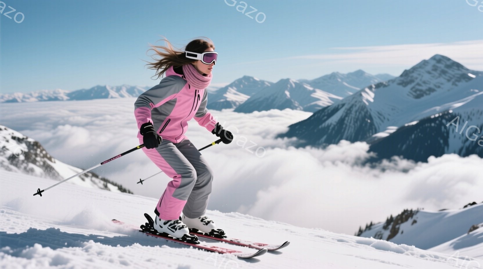 ピンクとグレーのスキーウェアに身を包んだ女性が、雪山を滑走している様子が写っている。彼女は黒髪を後ろでまとめ、ゴーグルをかけており、滑走に集中した表情をしている。背景には雲海と雪を頂いた山々が広がり、 - AI生成フリー素材