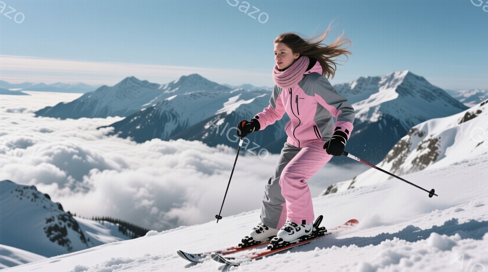 ピンク色のスキーウェアに身を包んだ女性が、雪山を滑走している様子が写っている。彼女は髪を後ろで一つにまとめ、スピードに乗って前傾姿勢でスキーを楽しんでいる。背景には白い雲海が広がり、雪を頂いた山々がそびえ立ち、冬の澄んだ空気を感じさせる。