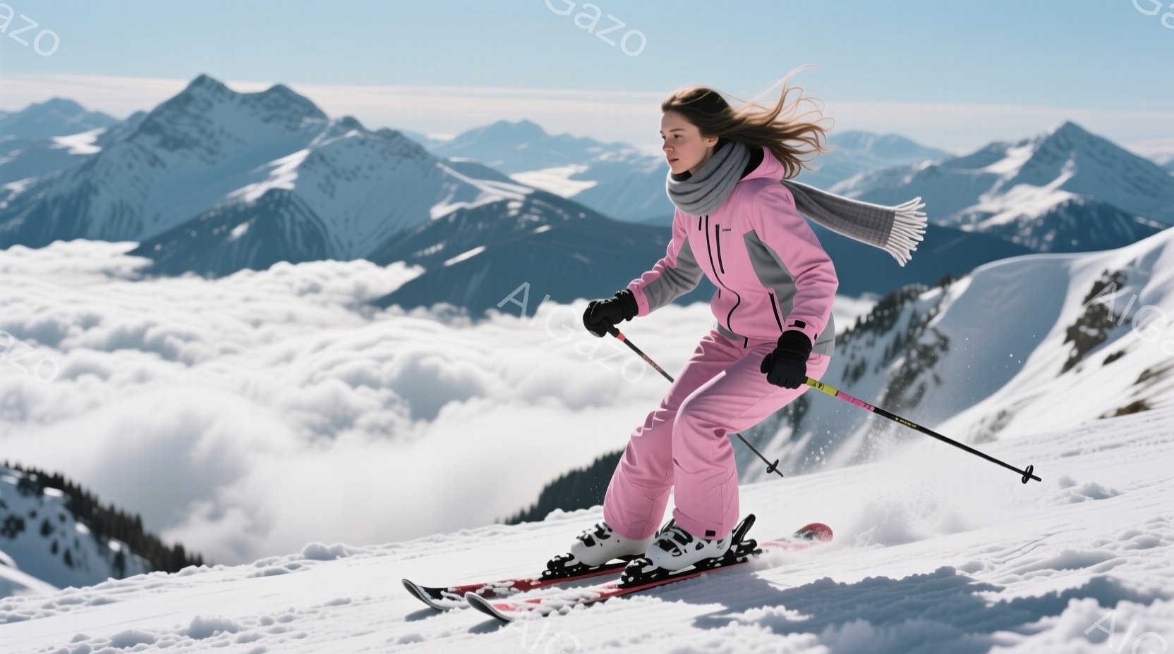 ピンク色のスキーウェアに身を包んだ女性が、雪山を滑走している様子が写っている。髪は風になびき、やや前傾姿勢でスピード感のある滑りをしている。背景には雲海が広がり、遠くには雪を抱いた山々が連なり、晴天の下、爽やかな冬の雰囲気が漂っている。