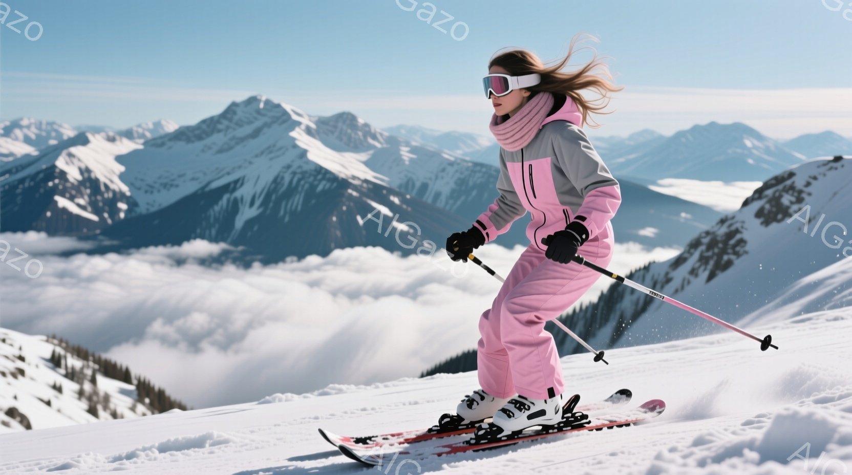 ピンク色のスキーウェアに身を包んだ女性が、雪山を滑降している様子が写っている。彼女は長い髪を後ろでまとめており、ゴーグルをかけているため表情ははっきりと見えないが、姿勢から活発で楽しんでいる様子が伝わ - AI生成フリー素材