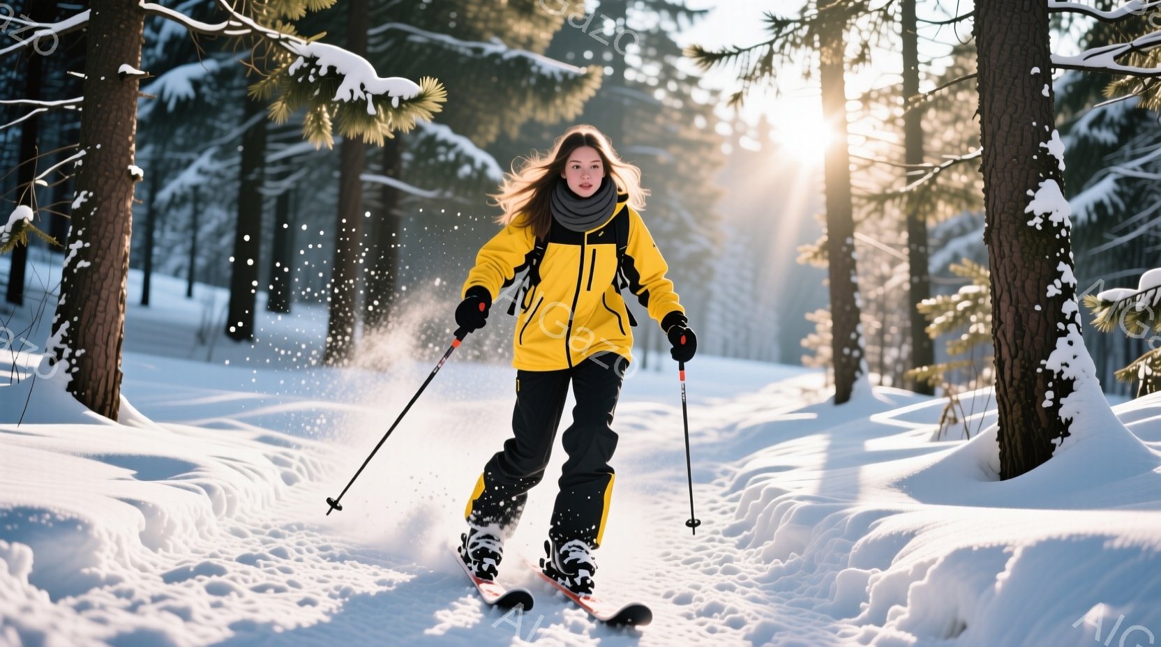 雪原をスキーで滑っている女性が写っています。彼女は黄色いジャケット、黒いズボン、そして黒い手袋を着用し、長い髪を後ろでまとめています。背景には雪をまとった木々が立ち並び、太陽光が雪に反射してキラキラと輝き、活気に満ちた冬の雰囲気を醸し出しています。