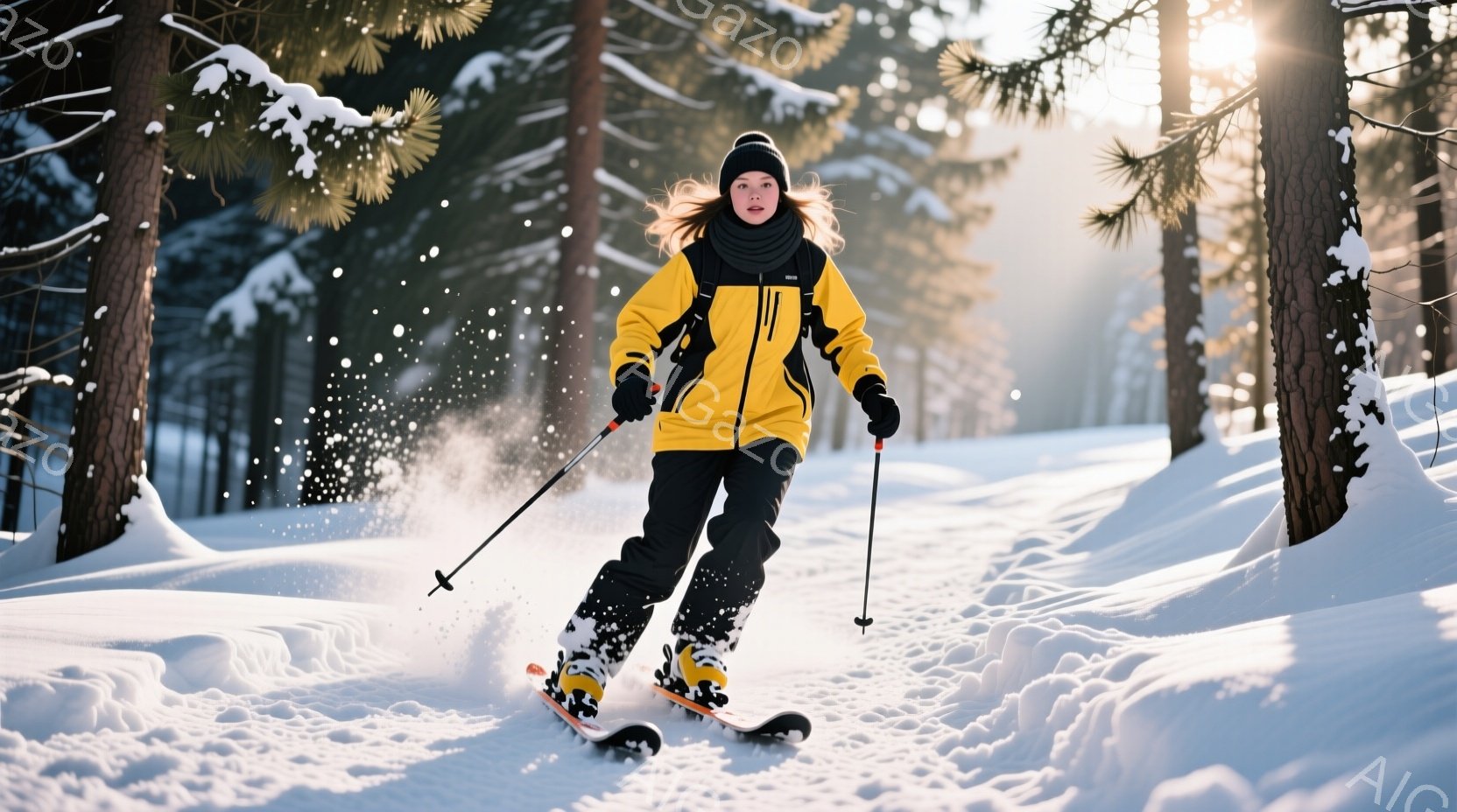 雪の中をスキーをする若い女性が写っている。彼女は黒いヘアバンドで髪を結い、黒いスキーウェアに黄色いジャケットを着ており、勢いよく滑っている様子がうかがえる。背景には雪に覆われた木々と、キラキラと輝く雪が広がっており、冬の活気ある雰囲気を伝えている。