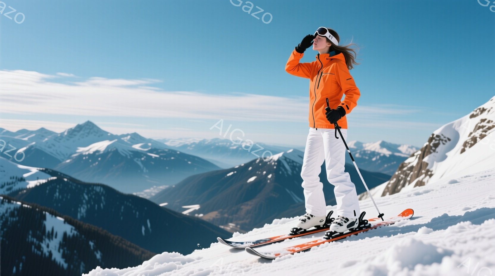 雪山を背景に、オレンジ色のスキーウェアと白いズボンを着用した女性が写っている。彼女は黒いゴーグルを着用し、髪を後ろで束ねており、遠くの山々を見つめている。背景には雪に覆われた山々が連なり、晴天で雪景色が広がり、冬の凛とした雰囲気が漂っている。
