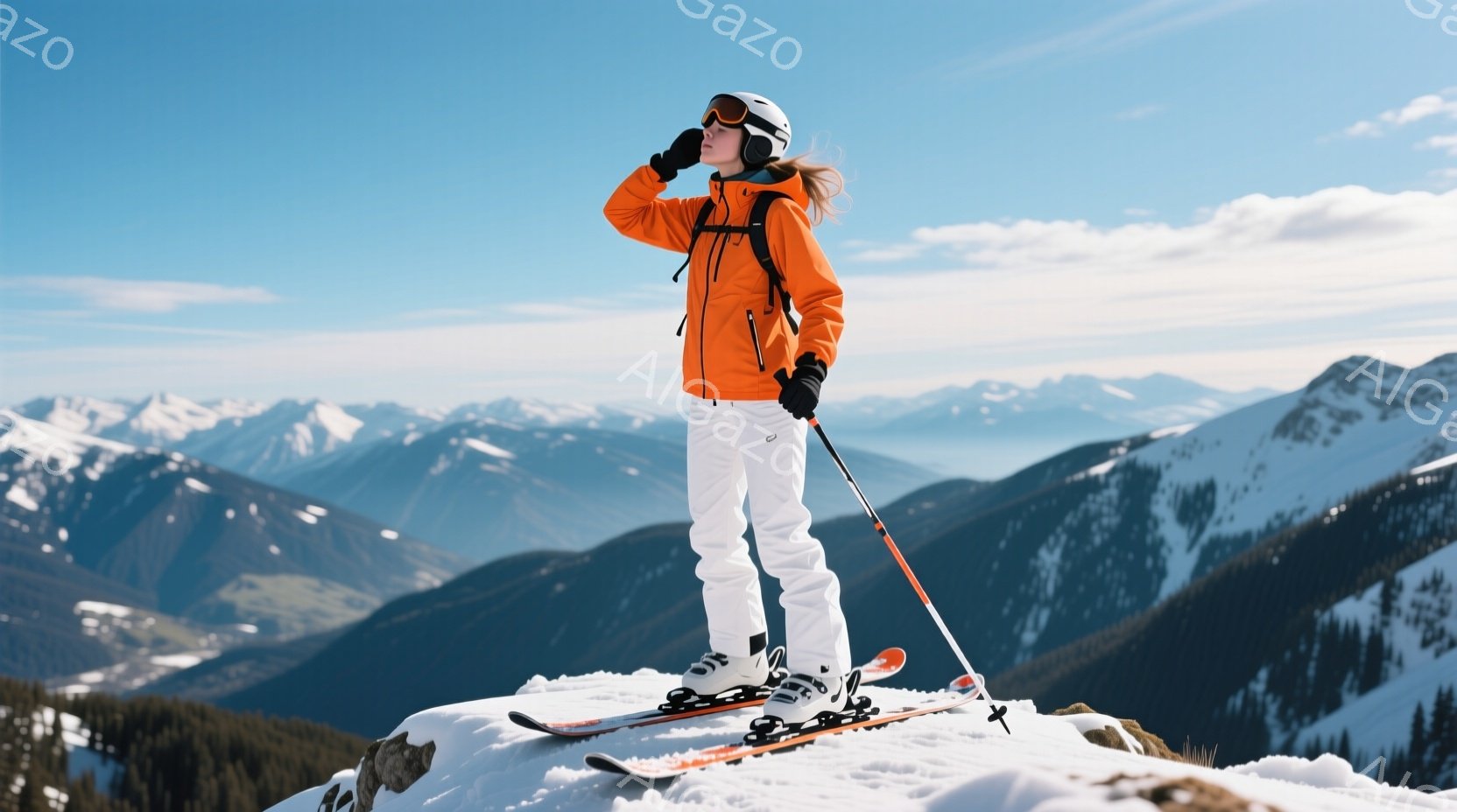 白いスキーウェアにオレンジ色のジャケットを着た女性が、雪山の上に立っている。彼女はゴーグルを上げ、遠くの景色を見つめており、髪は後ろでまとめてある。背景には雪を抱いた山々が広がり、晴天の下、爽やかな冬 - AI生成フリー素材
