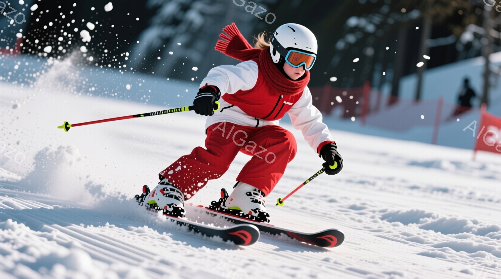 赤いスキーウェアに身を包んだ少女が、雪の上を滑走している。ヘルメットとゴーグルで頭部を保護し、髪はヘルメットから覗く程度にまとめられている。背景には雪景色が広がり、晴天の下、活気のあるスキー場の雰囲気 - AI生成フリー素材