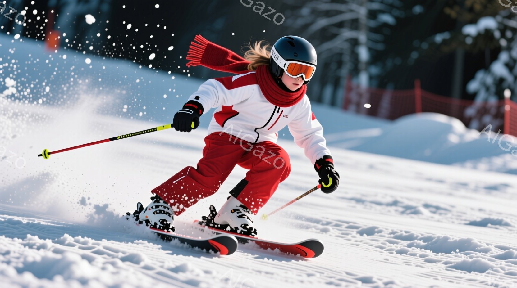 スキーヤーが雪山を滑降している写真です。赤、白、黒を基調としたスキーウェアに、オレンジ色のマフラーを巻き、ヘルメットとゴーグルを着用しています。背景には雪景色が広がり、雪が舞う冬の日のアクティブな雰囲気が伝わってきます。