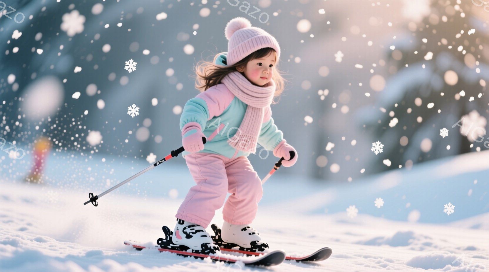 明るい雪景色の中で、ピンク色のスキーウェアに身を包んだ幼い女の子がスキーを楽しんでいます。彼女はピンク色の帽子とマフラーを着用し、少し前かがみの姿勢でスキー板を操り、楽しそうな表情を浮かべています。背 - AI生成フリー素材
