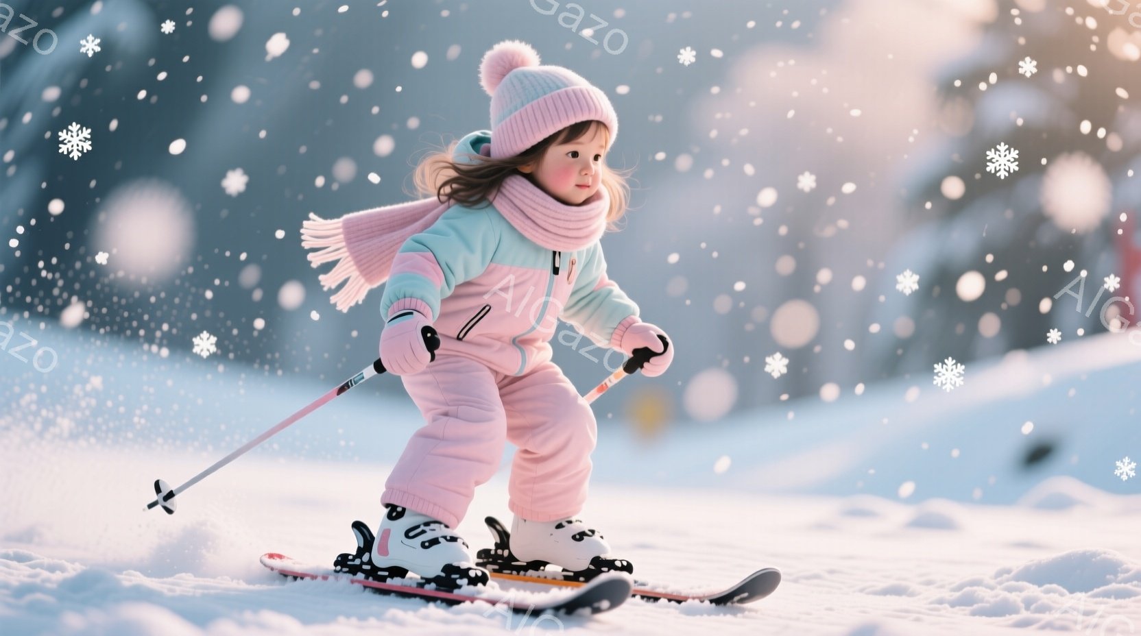雪の上を滑走する幼い女の子が写っています。ピンク色の防寒着に、クリーム色の帽子とマフラーを身に着け、髪は少しカールしています。背景は雪景色で、吹雪が舞っており、冬の寒さを感じさせる、可愛らしい雰囲気です。
