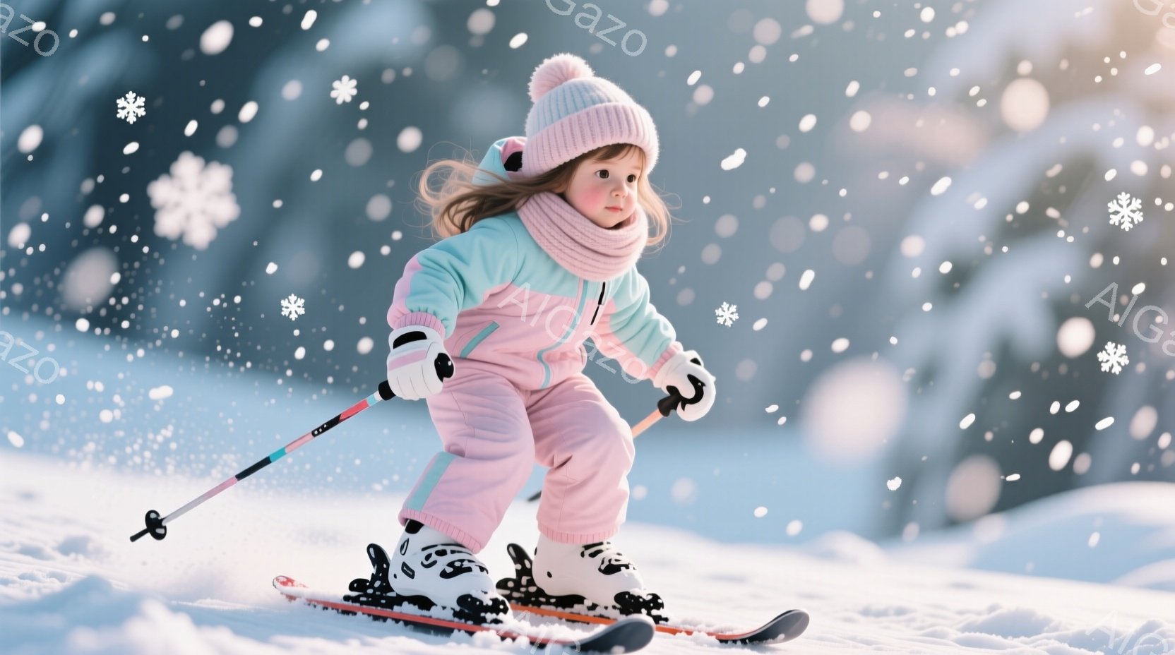 雪山を滑走する幼い少女が写っている。ピンクと水色のスキーウェアに身を包み、頭にはポンポン付きの帽子をかぶっている。彼女は前かがみになり、スキーポールを握って滑っている様子で、表情は真剣そのものだ。