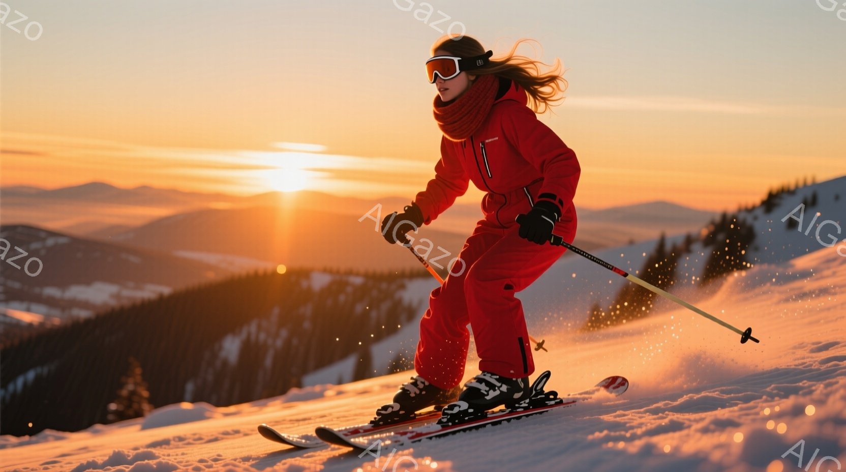 赤いスキーウェアを着た女性が、雪山を滑っている姿が捉えられています。彼女は黒いゴーグルと髪を後ろで一つに束ね、スピードに乗って滑走しています。背景には雪をまとった山々が広がり、夕焼けのようなオレンジ色 - AI生成フリー素材
