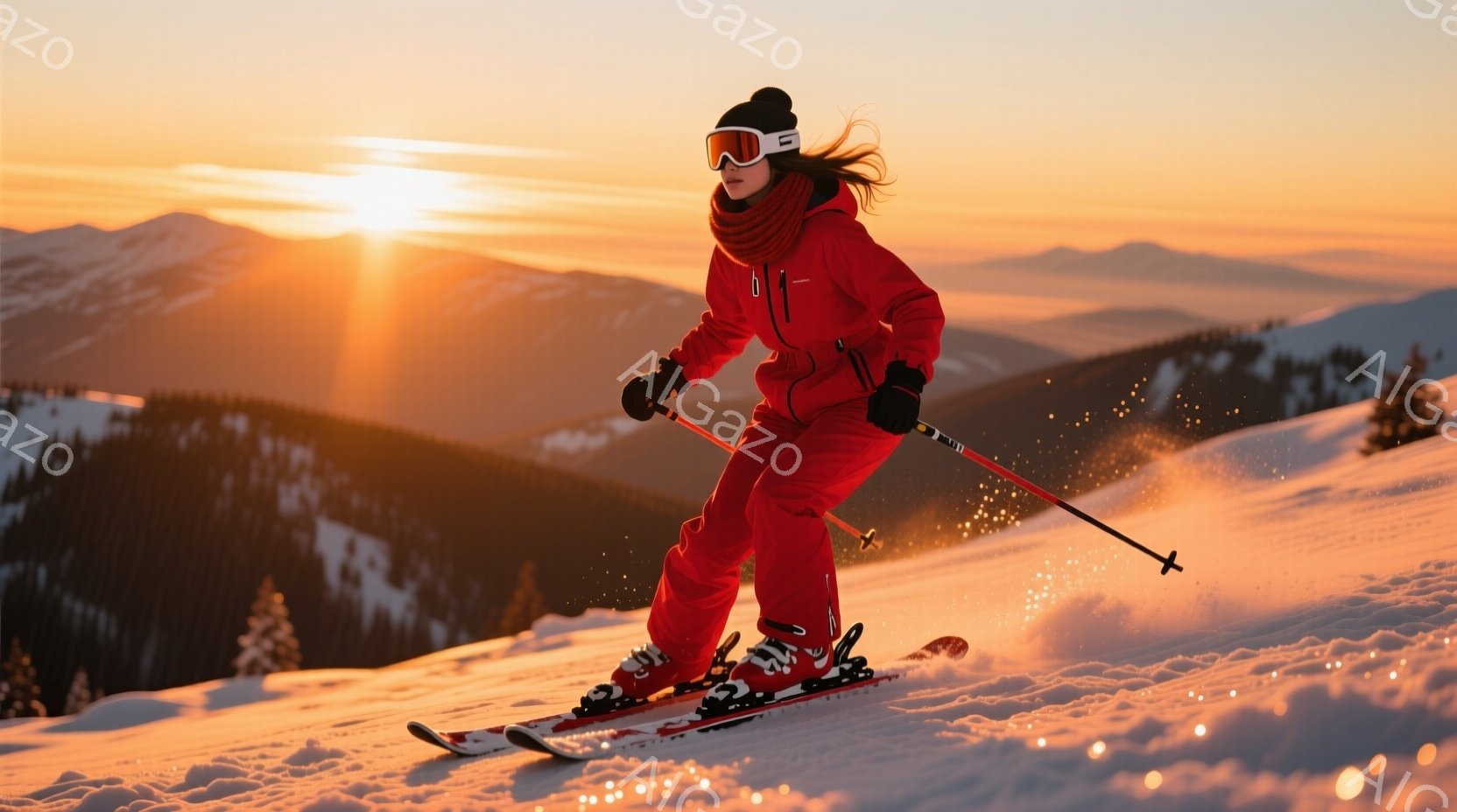 明るいオレンジ色の夕焼けを背景に、赤いスキースーツを着た女性がスキーを楽しんでいます。彼女は黒い髪を後ろでまとめ、ゴーグルをかけており、スピードに乗って雪上を滑っています。背景には雪を頂いた山々が連なり、晴天で冬の景色が広がっています。