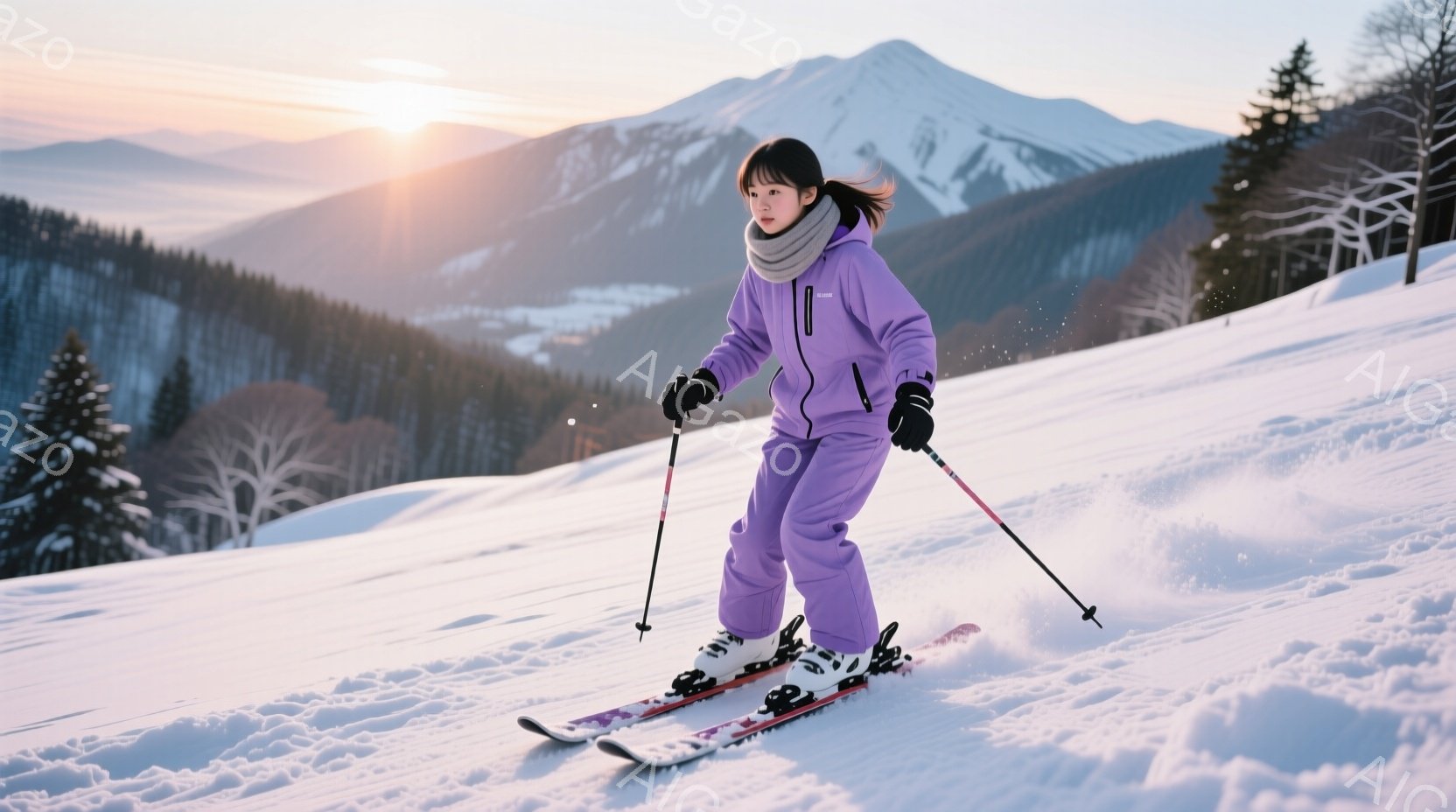 スキー場でスキーを楽しんでいる女性が写っています。紫色のスキーウェアに黒い手袋とブーツを着用し、髪はポニーテールに結ばれています。背景には雪を頂いた山々と白い木々が広がり、晴れた空の下、スキー場は明るく爽やかな雰囲気に包まれています。