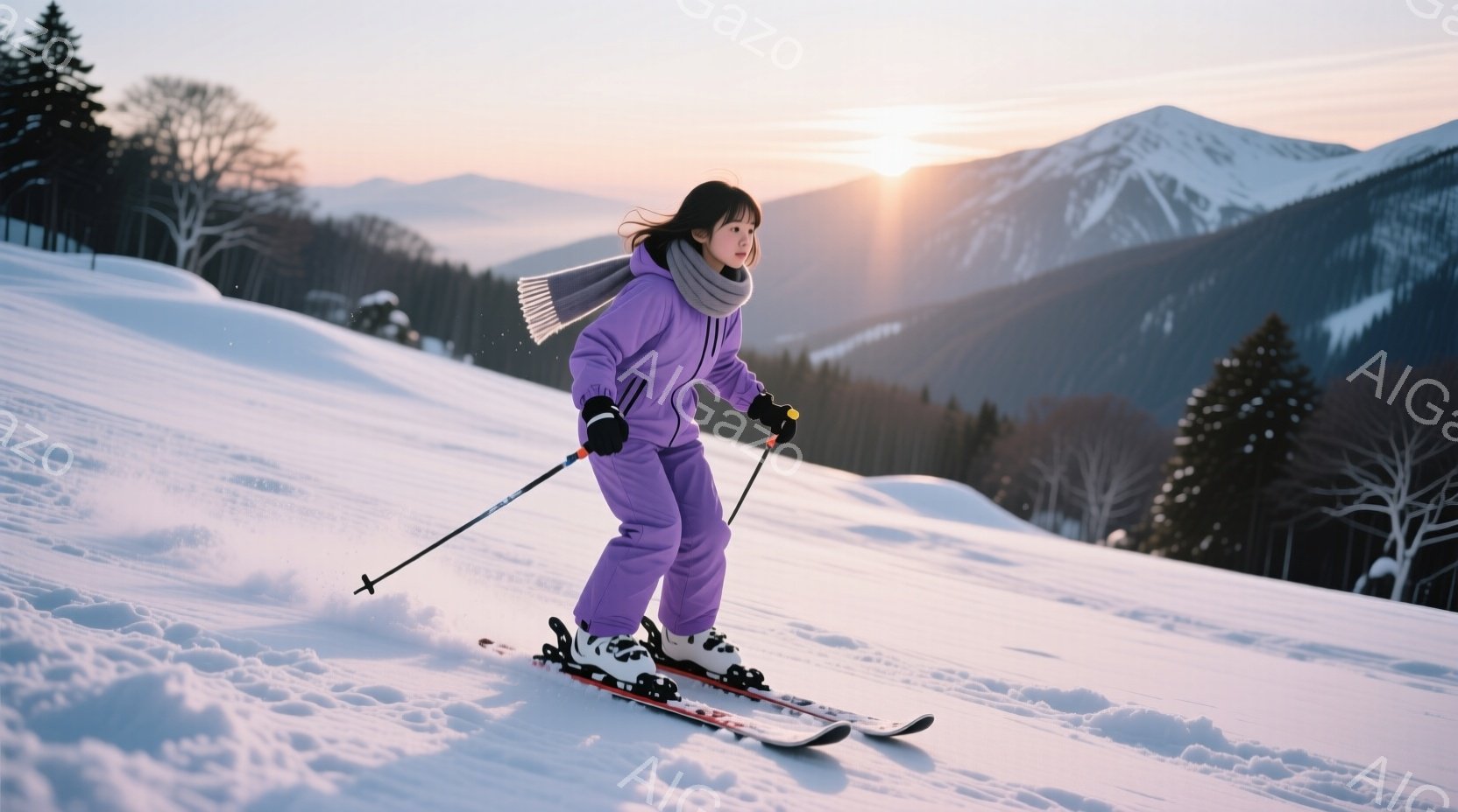 紫色のスキーウェアを着た少女が雪山を滑走している。髪はポニーテールにされ、顔には明るい笑顔が見える。背景には雪に覆われた山々が連なり、夕日の光が差し込み、穏やかで美しい雰囲気を醸し出している。