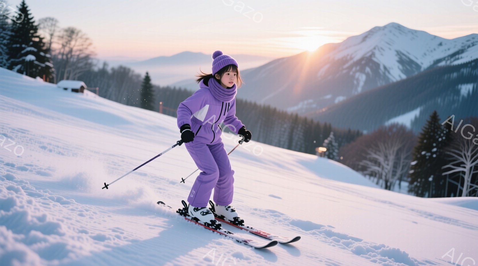 スキー場で滑走する少女が写っている。紫色のスキーウェアに帽子を被り、黒髪を外に出している。背景には雪山とわずかな建物が見え、夕焼けのような暖かな光が差し込んでいる。