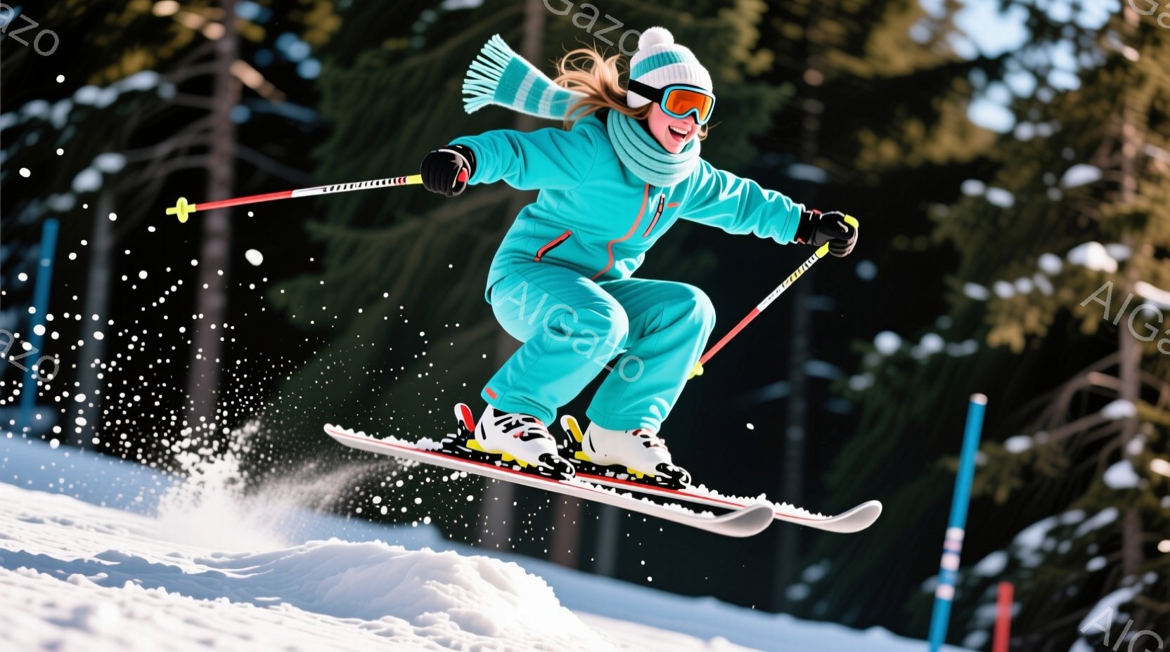 青いスキースーツと白い帽子を着用した女性が、雪の上でジャンプしている様子が写っている。彼女は顔を輝かせ、楽しそうに空中で体を広げ、スキーを楽しんでいるようだ。背景には雪に覆われた山々と、晴れた青空が広がり、活気に満ちた冬の雰囲気を醸し出している。