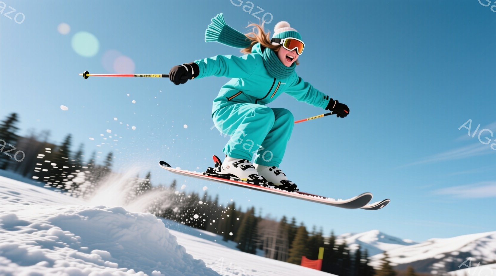 スキーヤーはターコイズブルーのスキースーツと黒いヘルメットを着用し、空中で高くジャンプしています。彼女は明るい笑顔を見せ、髪は後ろで結ばれています。背景には緑豊かな針葉樹林と雪山が広がり、晴天の下、爽やかな冬の雰囲気が漂っています。
