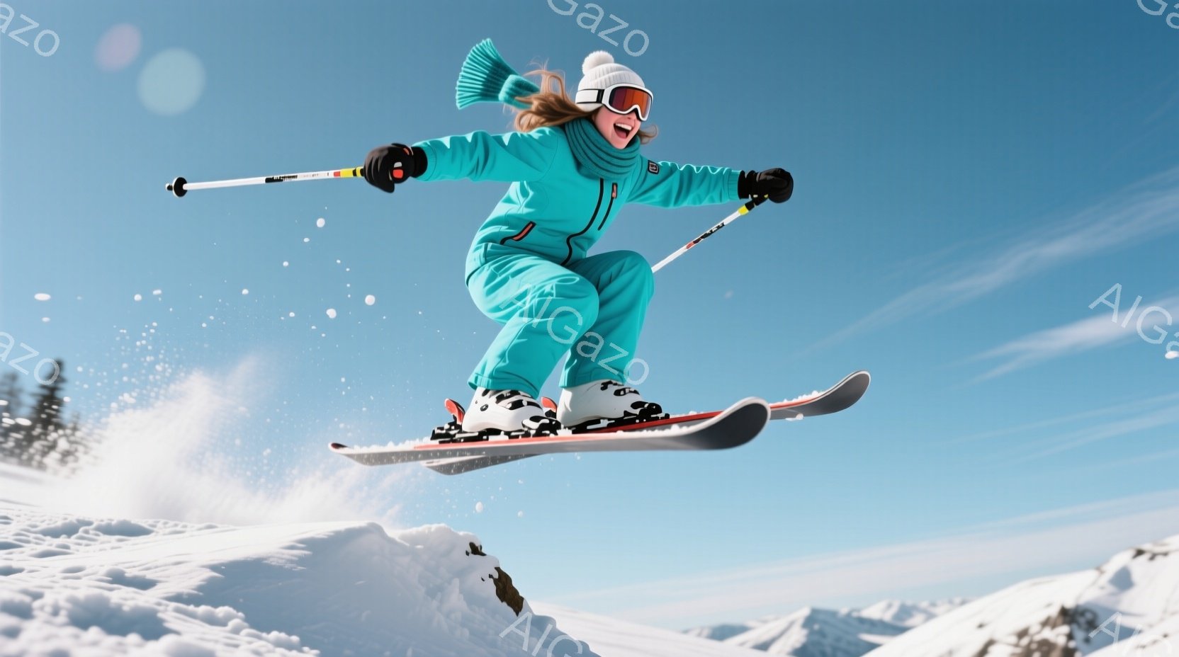 スキーヤーが雪の上を飛び跳ねている様子が捉えられています。ターコイズブルーのスキーウェアに白の帽子を被り、顔にはゴーグルをかけています。背景には雪をまとった山々が広がり、晴天の空の下で爽やかな冬の雰囲気が漂っています。