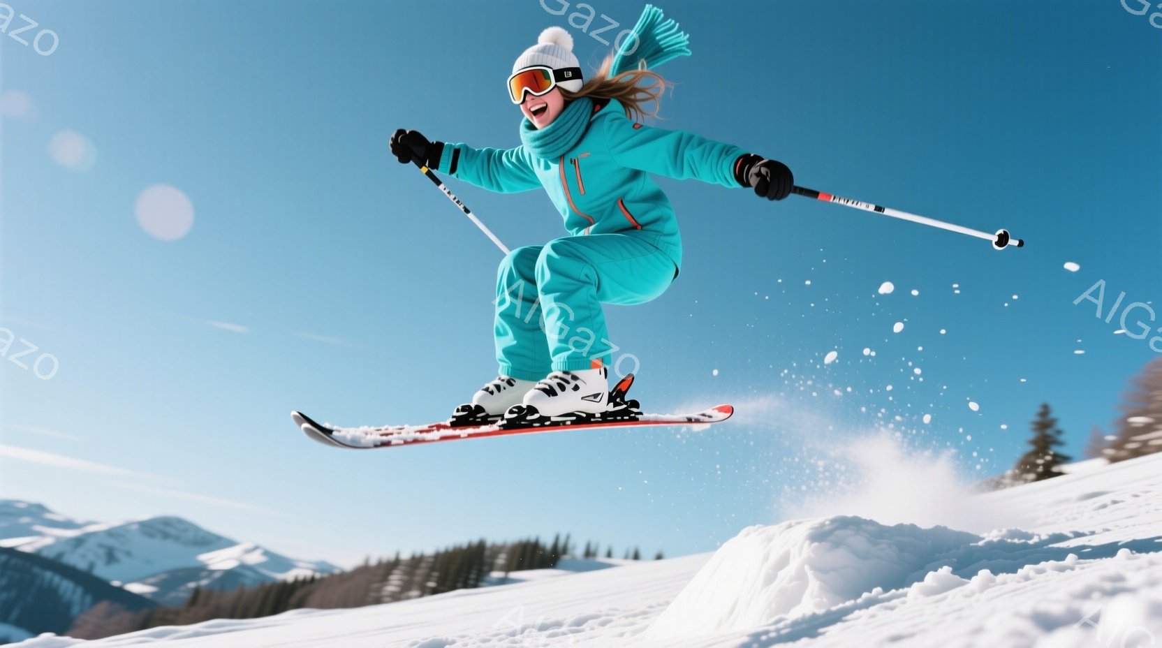 鮮やかなターコイズブルーのスキーウェアに身を包んだ女性が、雪上を高くジャンプしている姿が捉えられている。髪は後ろで三つ編みにされ、ゴーグルをかけた顔は笑顔で、躍動感に満ちている。背景には雪山が広がり、 - AI生成フリー素材