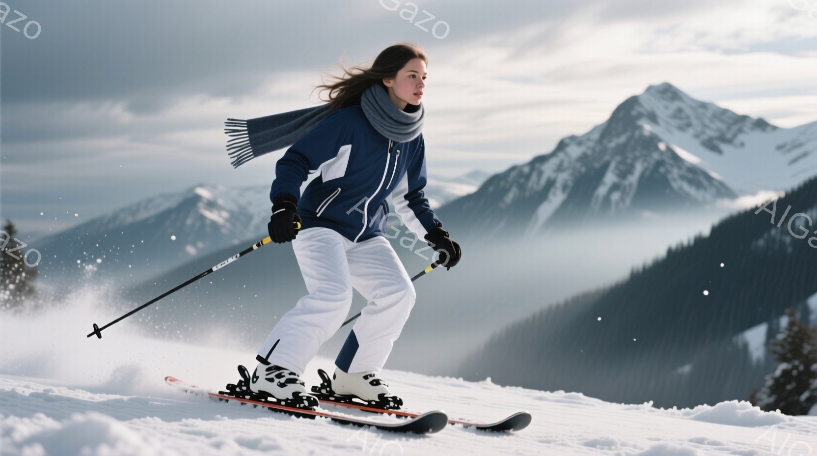 スキーヤーは、紺色のジャケットと白いスキーパンツ、黒い手袋とブーツを身に着け、雪の上を滑走しています。彼女は長い髪を後ろで束ね、集中した表情で前を見据えています。背景には雪を抱いた山々が広がり、天候は晴れており、雪が舞う冬の風景が広がっています。