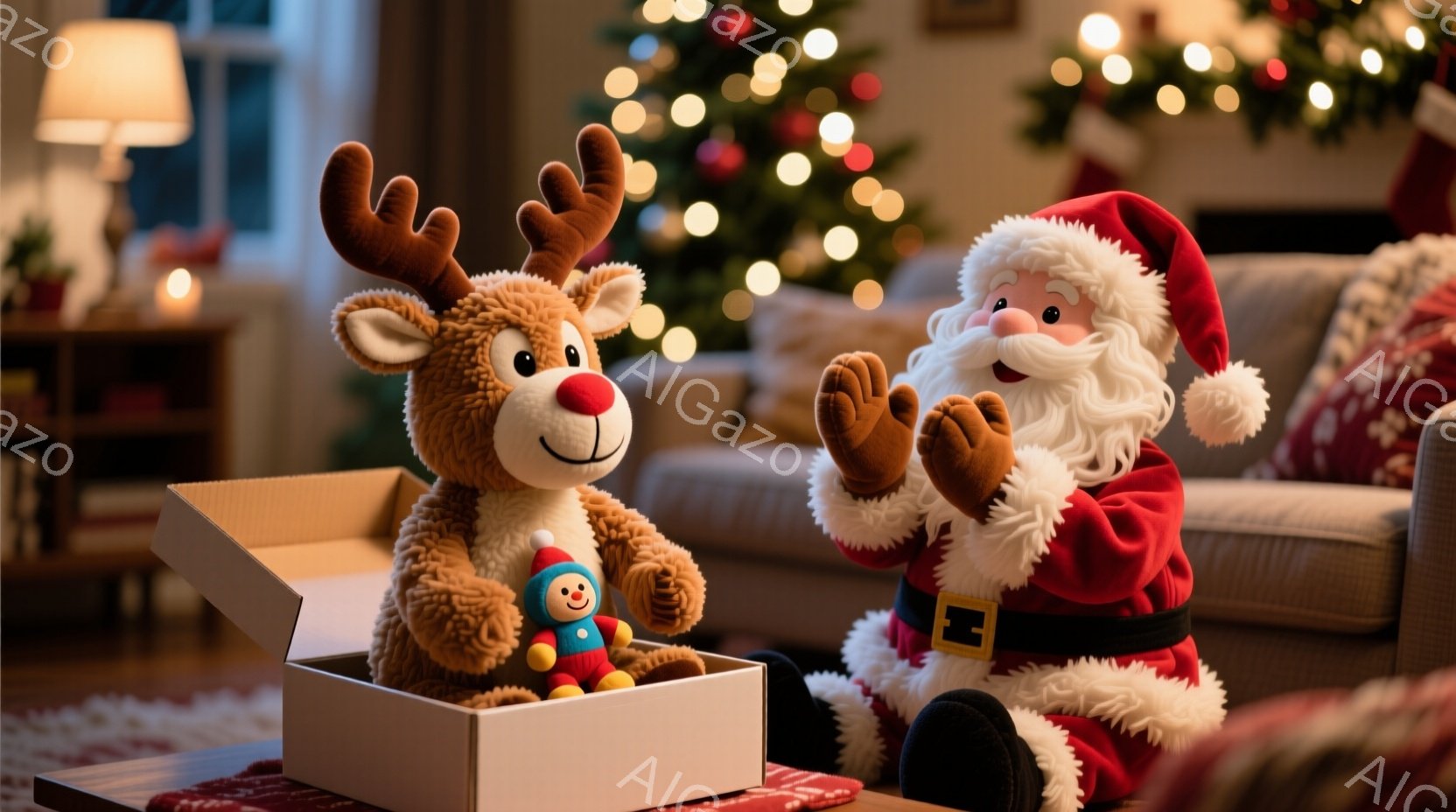 暖炉のそばのテーブルの上に、開いた白い箱があり、その中に愛らしいトナカイのぬいぐるみが座っています。サンタクロースは赤いベルベットの衣装と白いひげを蓄え、箱の中のトナカイを見ながら両手を合わせて喜んで - AI生成フリー素材